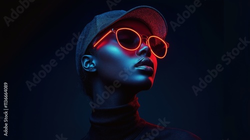 Stylish Woman with Neon Red Sunglasses and Cyberpunk Lighting in Futuristic Portrait