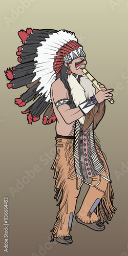 Vector Illustration of a male Native American Musician playing a wind instrument with feathered headdress