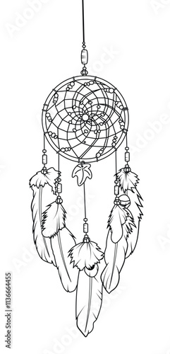 Vector line art of a Native American Dreamcatcher in a vertical orientation