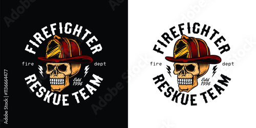 Human skull in a fire helmet. Firefighter. Original vector illustration in vintage style. T-shirt design.