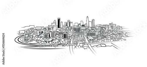 Vector line art graphic of the Charlotte, North Carolina Skyline encircled in infrastructure to highlight growth