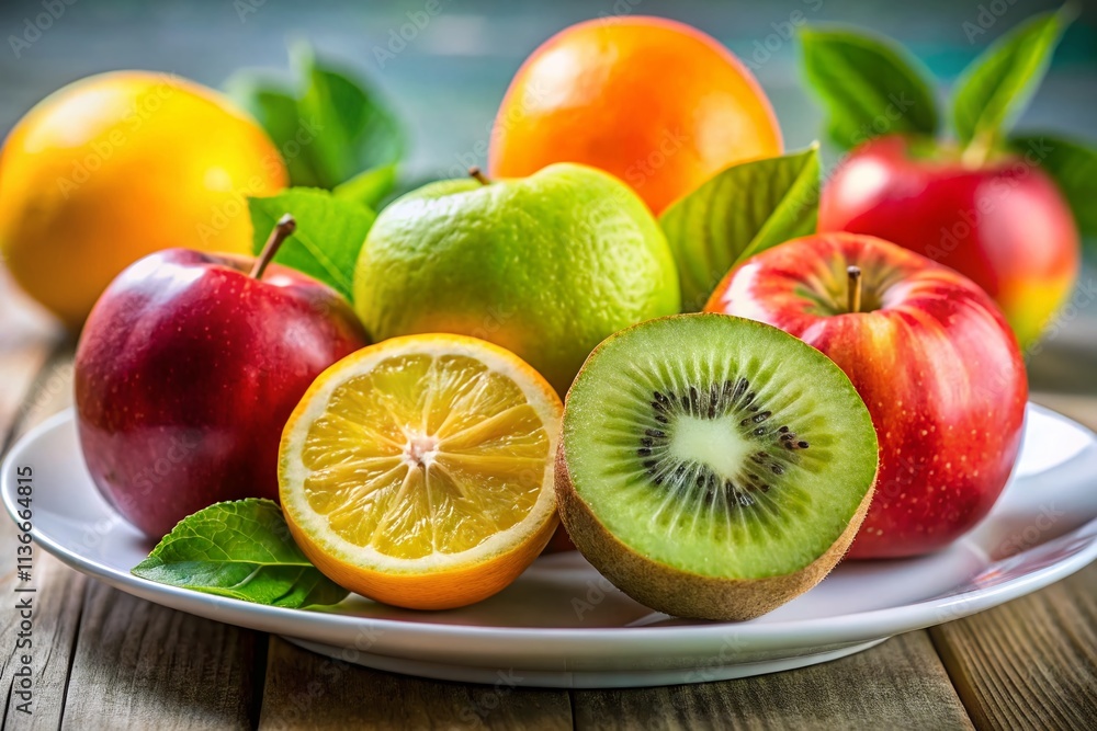 Vibrant Citrus Fruits, Juicy Red Apple, and Ripe Green Kiwi on a White Plate: A Colorful Display for Healthy Diet Enthusiasts Vibrant Citrus Fruits, Juicy Red Apple, and Ripe Green Kiwi on a White Plate: A Colorful Display for Healthy Diet Enthusiasts