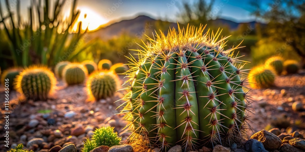 Vibrant Close-Up of a Prickly Cactus Surrounded by Lush Greenery with High Depth of Field, Showcasing Textures and Natural Beauty in a Desert Landscape Setting Vibrant Close-Up of a Prickly Cactus Surrounded by Lush Greenery with High Depth of Field, Showcasing Textures and Natural Beauty in a Desert Landscape Setting