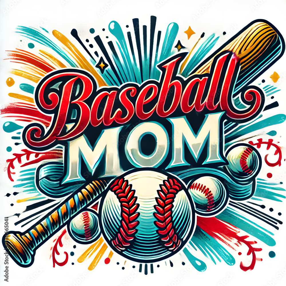 Obraz premium Colorful baseball mom design featuring bat, ball, and vibrant graphics