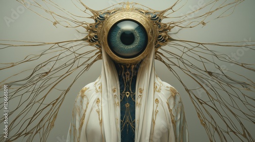 Surreal Mystical Figure with Giant Eye and Ornate Gold Headpiece