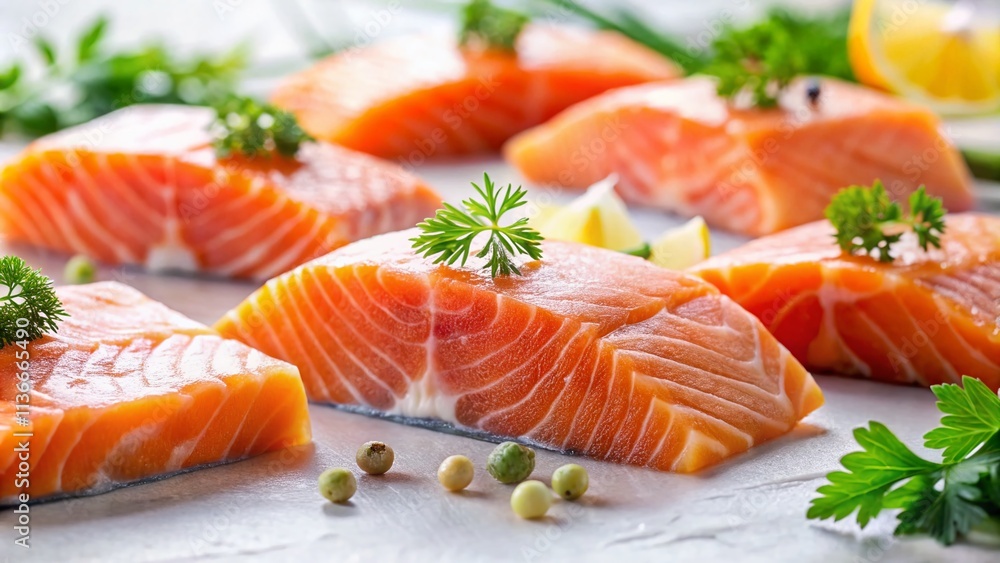 Vibrant Collection of Raw Salmon Fillets on a Clean White Surface Showcasing Freshness and Quality for Culinary Use and Recipe Inspiration Vibrant Collection of Raw Salmon Fillets on a Clean White Surface Showcasing Freshness and Quality for Culinary Use and Recipe Inspiration