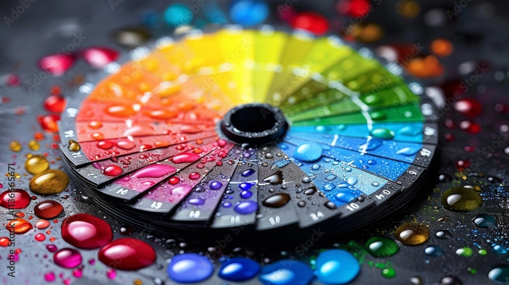 Obraz premium Color palette with drops of water on vibrant background showcases hues and tones for artistic inspiration and design ideas