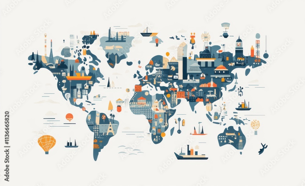 Fototapeta premium A colorful, illustrated world map featuring iconic landmarks, cities, and transportation elements, highlighting global connectivity and exploration.