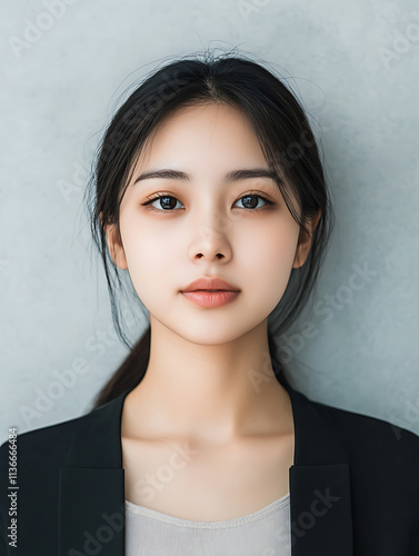 Female portrait ID card photo on gray background