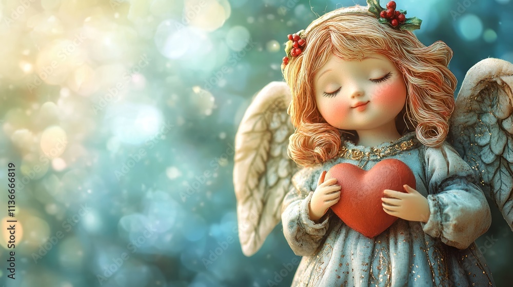 Fototapeta premium The Figurine of an Angel Holding a Heart With Golden Wings on a Glowing Background Representing Love and Serenity