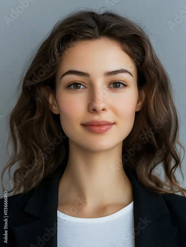 Female portrait ID card photo on gray background