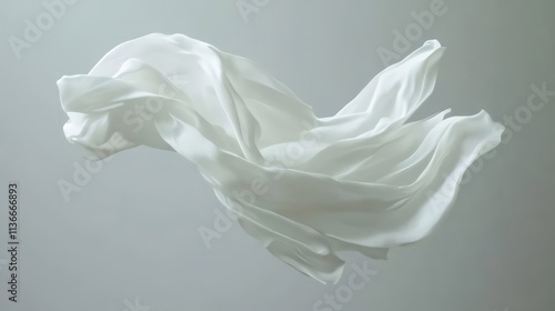 White fabric flowing in mid-air, elegant curves and folds.