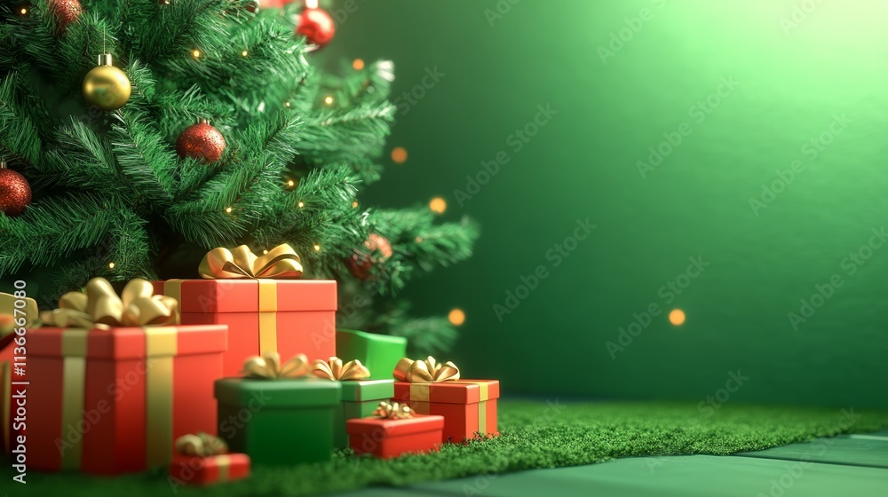 Christmas Tree With Gift Boxes and Baubles on a Green Background Creating a Festive Holiday Scene Christmas Tree With Gift Boxes and Baubles on a Green Background Creating a Festive Holiday Scene