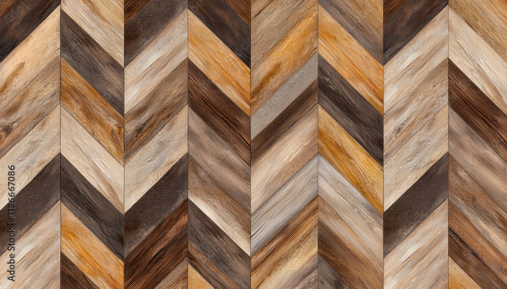 A patterned wood floor featuring a chevron design with various shades of brown and beige. A patterned wood floor featuring a chevron design with various shades of brown and beige.