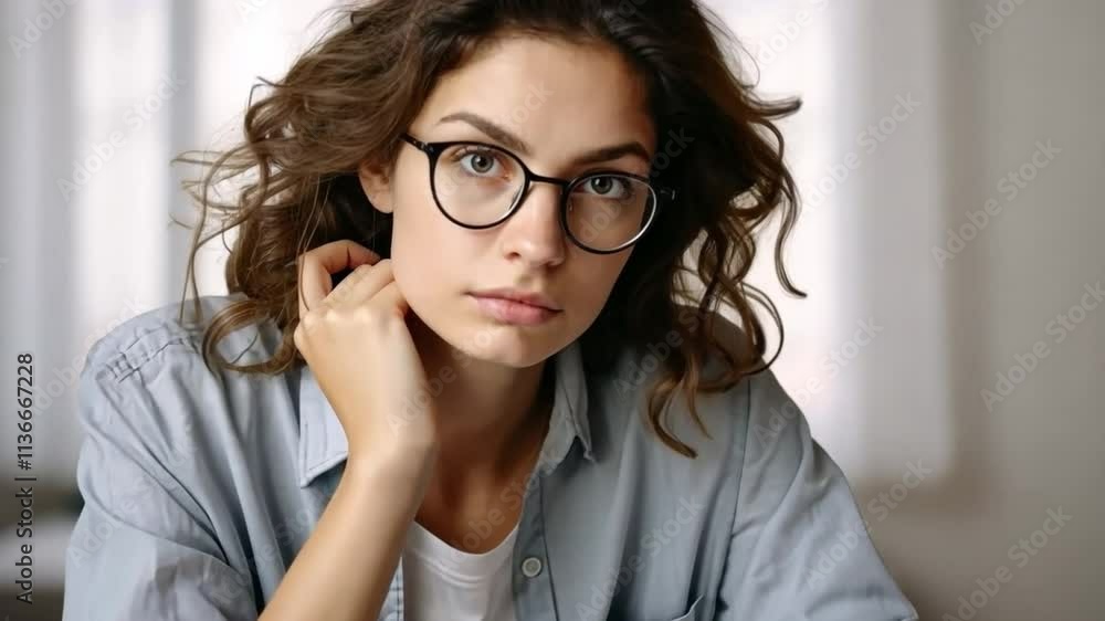 Thoughtful Gaze: A young woman with dark, curly hair and glasses gazes intensely at the camera, conveying a sense of quiet contemplation and introspection.