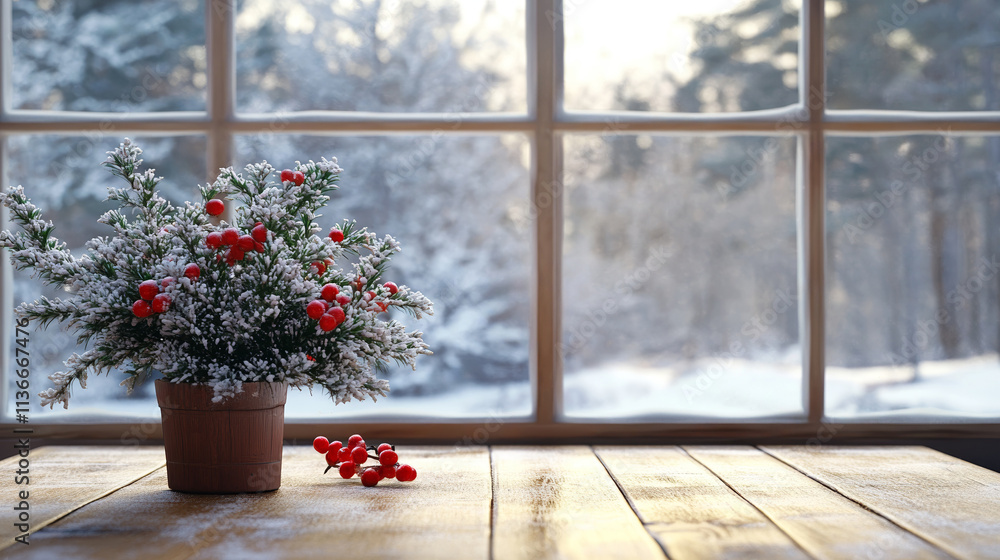 Empty Table With Winter Window View and Snow-Covered Plants Creating Serene and Peaceful Atmosphere Empty Table With Winter Window View and Snow-Covered Plants Creating Serene and Peaceful Atmosphere