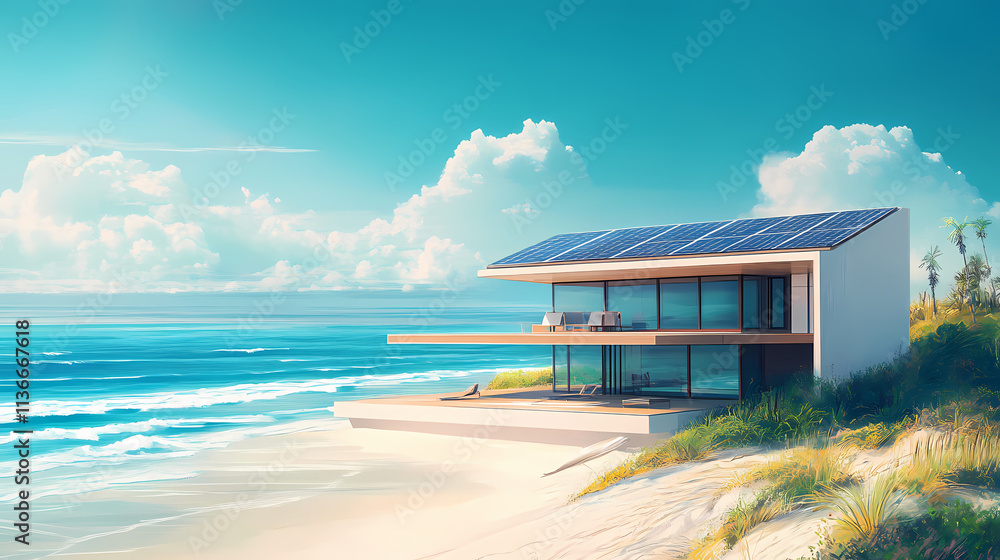 A modern beach home with solar panels lining the roof, bathed in sunlight with a gentle ocean breeze in the background. Zephyrine. Illustration A modern beach home with solar panels lining the roof, bathed in sunlight with a gentle ocean breeze in the background. Zephyrine. Illustration