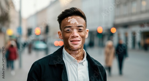 Young asian male with vitiligo standing in a bustling urban setting