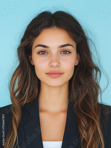 Female portrait ID card photo on blue background