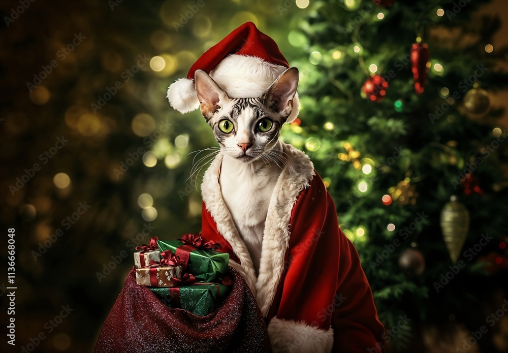 the cat in the world as Santa Claus, wearing a Santa hat and a red Santa coat,to his left is a big sack with lots of presents, in the background a Christmas