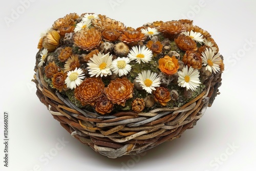 Heart-shaped basket filled with dried flowers showcasing intricate craftsmanship and natural beauty photo