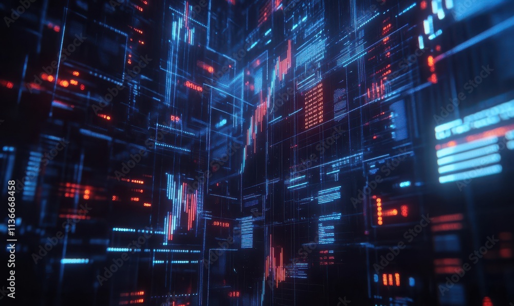 Obraz premium A vibrant digital landscape filled with glowing lines and grids, representing data flow and technology in a futuristic setting.