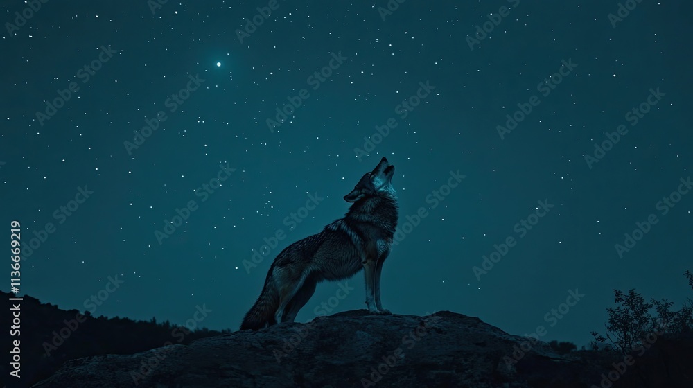 Lone wolf howling at night under a starry sky. Lone wolf howling at night under a starry sky.