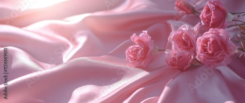 Fototapeta Naklejka Na Ścianę i Meble -  Pink Satin and Roses: A delicate arrangement of pink roses nestled upon a bed of soft, flowing pink satin, bathed in a warm, ethereal light. The image evokes a sense of romance, elegance.