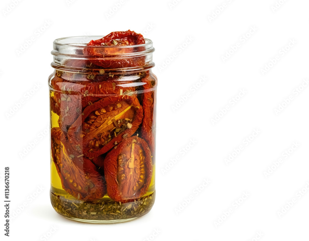 sun-dried tomatoes in jar, marinated with oregano, black pepper and olive oil, isolated on white background sun-dried tomatoes in jar, marinated with oregano, black pepper and olive oil, isolated on white background