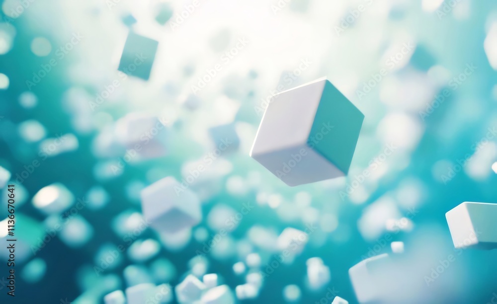 White cubes floating with bright bokeh background. White cubes floating with bright bokeh background.