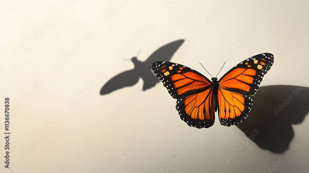 Fototapeta premium Monarch Butterfly Casts Shadow On Light Background