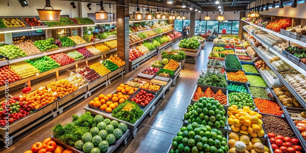 Fototapeta premium Vibrant Grocery Store Aisle Filled with Fresh Fruits, Vegetables, and a Variety of Drinks for a Healthy Lifestyle and Culinary Delight