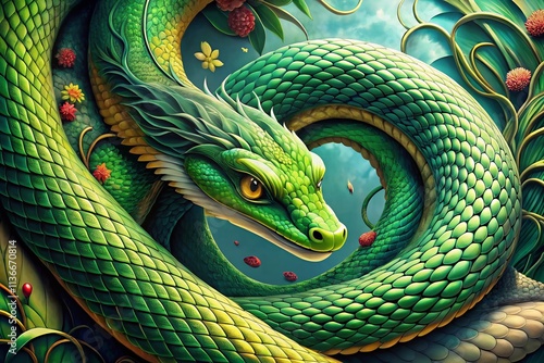 Vibrant Green Snake Illustration in Chinese Painting Style with Anime, Game, and Comic Influences Perfect for Unique Product Photography photo