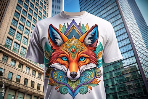 Vibrant Hand-Drawn Fox Head Mascot Logo for T-Shirt Design Featuring Colorful Artistic Elements and Unique Style in Architectural Photography Setting photo