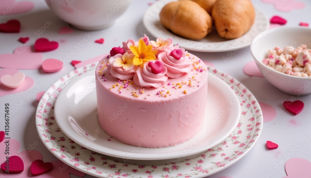 A delightful pastel pink cake adorned with edible flowers and colorful sprinkles is presented on a charming decorative plate. Heart-themed treats enhance the festive atmosphere around the cake. A delightful pastel pink cake adorned with edible flowers and colorful sprinkles is presented on a charming decorative plate. Heart-themed treats enhance the festive atmosphere around the cake.