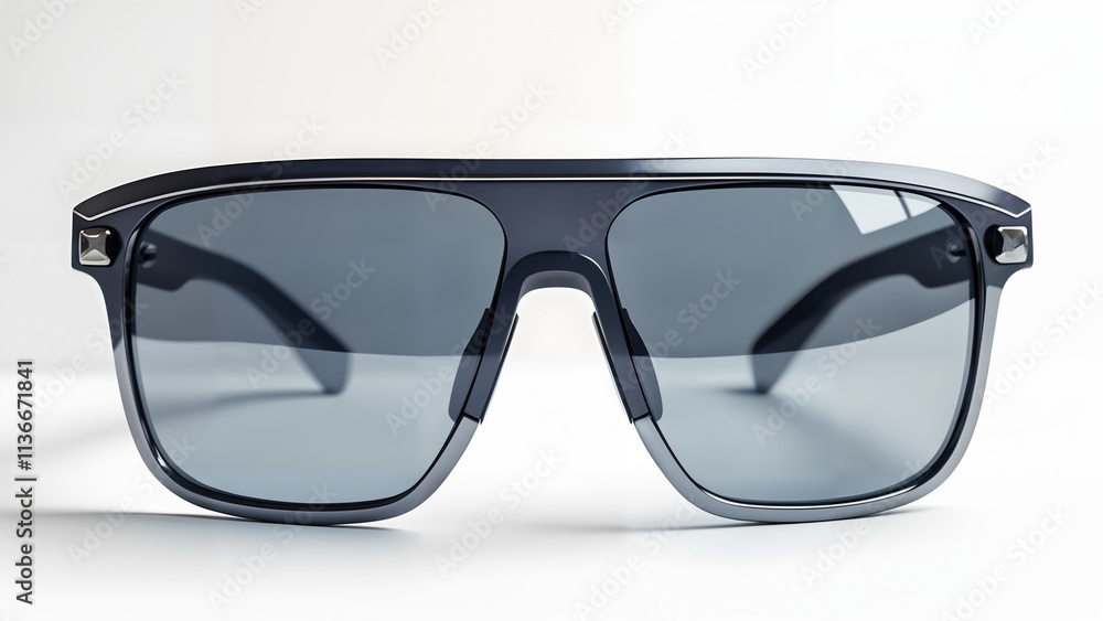 Close-Up View of Stylish Futuristic Sunglasses: Showcasing Unique Lens Technology Against a Minimalist Background