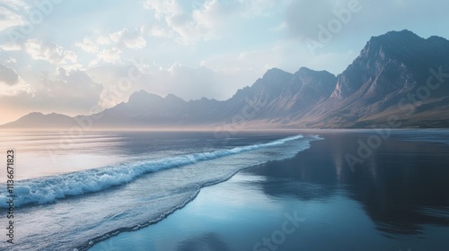 A peaceful bay with soft waves rolling in, the reflections of the surrounding mountains creating a stunning backdrop