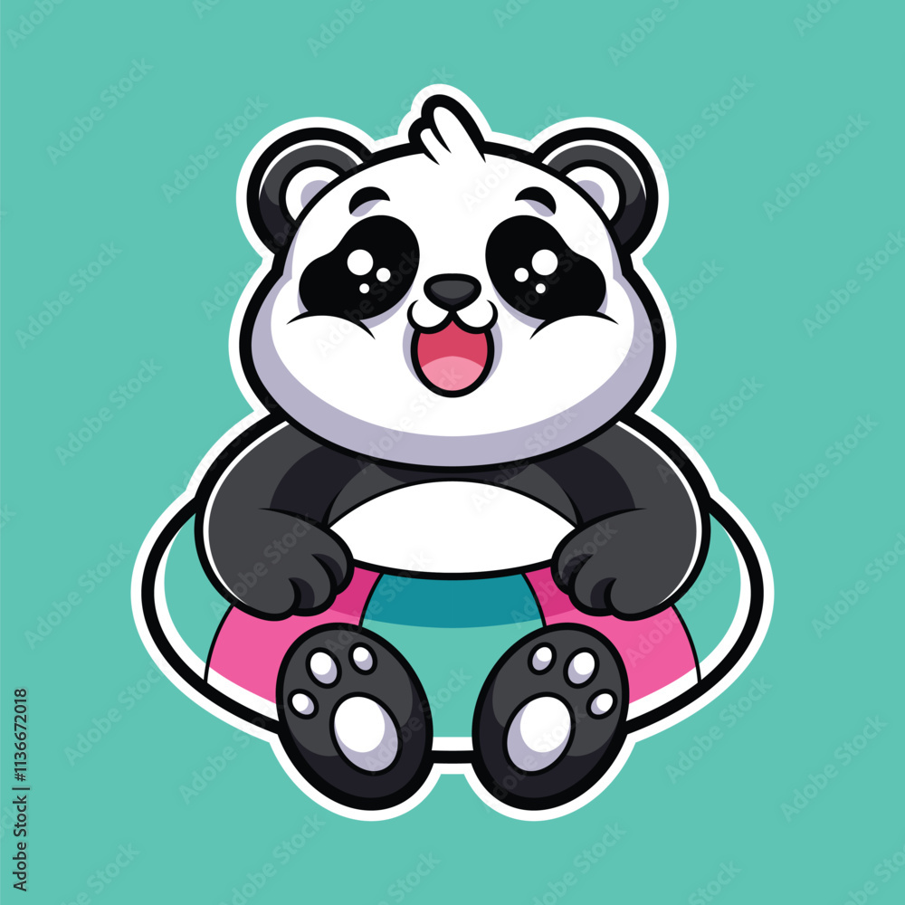 Obraz premium Cute Panda with Swim Ring - Fun Summer Cartoon Mascot Illustration