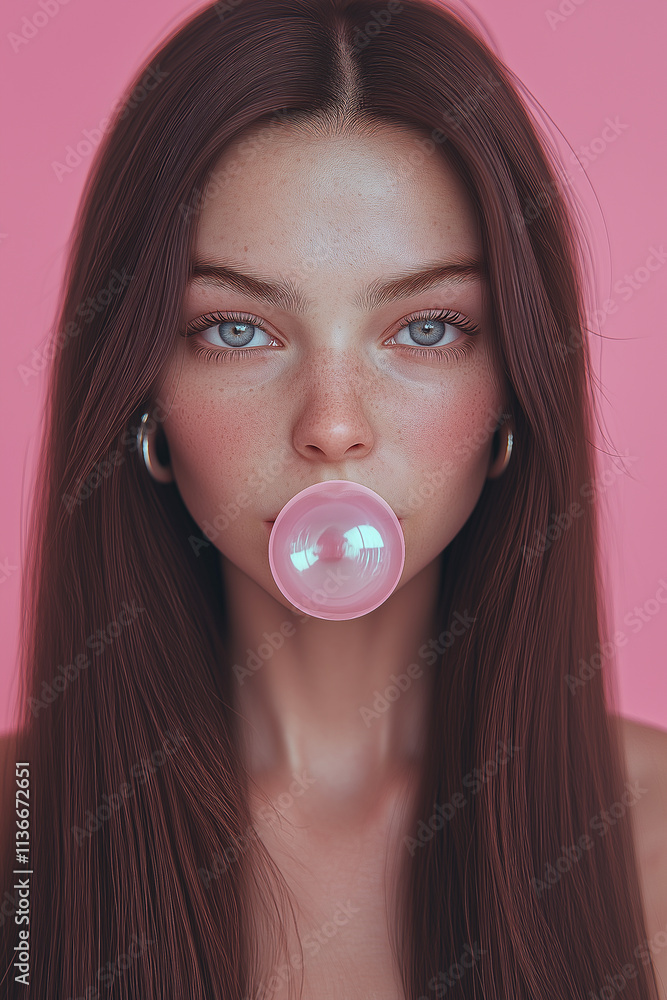 the girl on the pink background inflated a bubble of gum. for the postcard. for business. for the background. the girl on the pink background inflated a bubble of gum. for the postcard. for business. for the background.