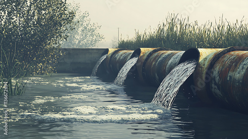 An industrial waste concept depicting the environmental issue of pollution, with untreated sewage water flowing from large metal pipes directly into a natural body of water, causing contamination. photo