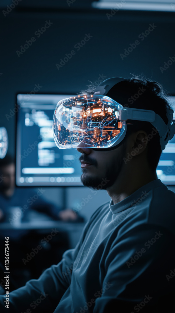 Man wearing futuristic VR headset in tech workspace with holographic visuals Man wearing futuristic VR headset in tech workspace with holographic visuals