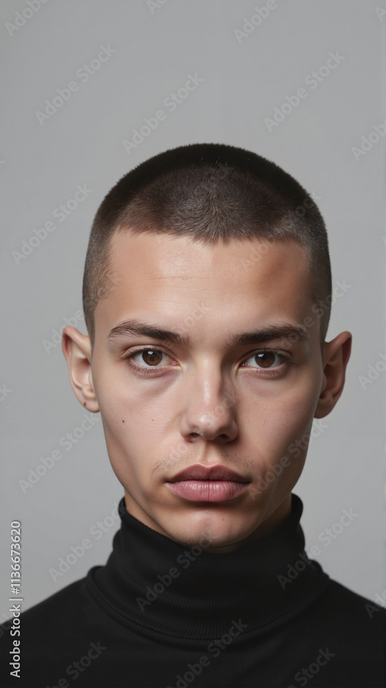 Fototapeta premium Young caucasian male with buzz cut wearing black turtleneck