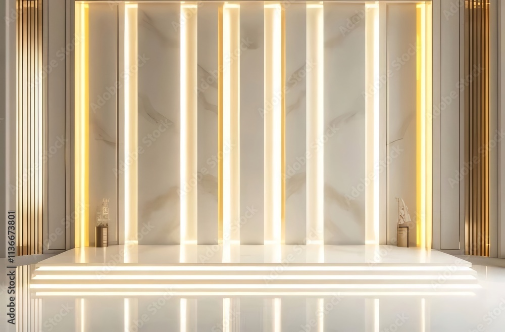 Elegant marble wall with golden lighting and platform. Elegant marble wall with golden lighting and platform.