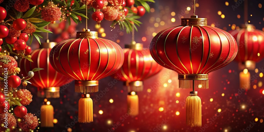 Vibrant Night Photography of a Red Background Adorned with a Garland of Red Chinese Lanterns, Gold Tassels, and Glimmering Gold Leaves for Cultural Celebrations Vibrant Night Photography of a Red Background Adorned with a Garland of Red Chinese Lanterns, Gold Tassels, and Glimmering Gold Leaves for Cultural Celebrations