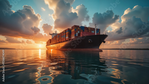 Container Ship Against Dramatic Sunset, Grandeur of Maritime Trade