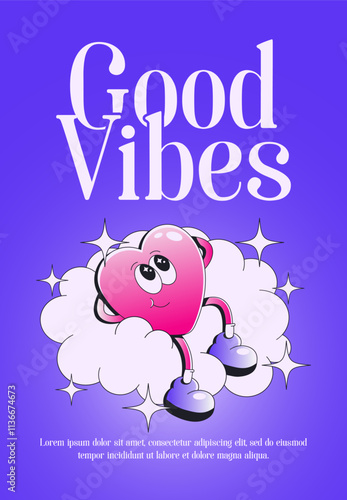 Cartoon hearts character. Playful happy heart in trendy retro comics style. Love concept in pink purple color. Happy Valentine's Day