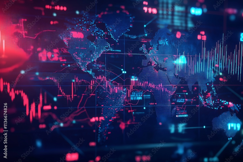 Obraz premium Abstract visualization of the global economic impact of COVID-19, featuring fluctuating stock market graphs and trade symbols, set against a backdrop of interconnected world maps. 