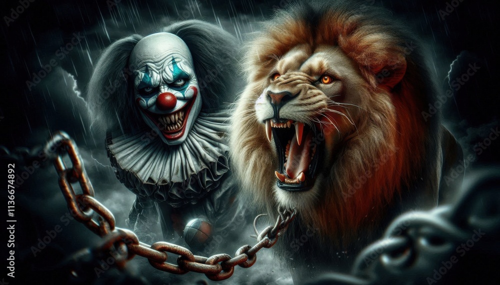 Fototapeta premium portrait of a lion on chain with clown in circus content created with generative AI software.