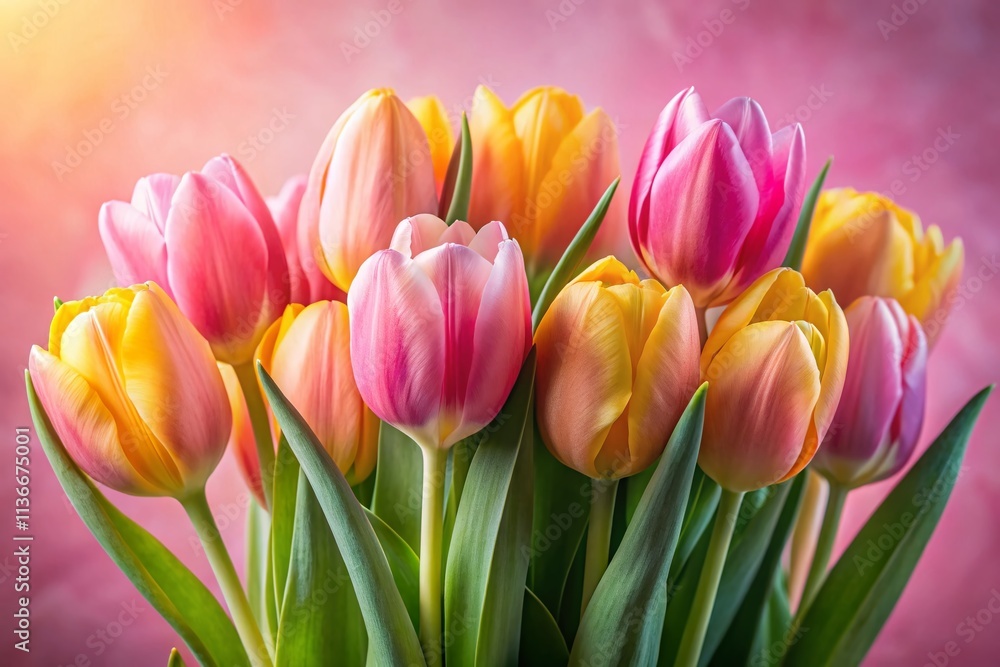 Vibrant Pink and Yellow Tulips on Soft Pink Backdrop Perfect for Celebrations Like Mother's Day, Birthdays, and Valentine's Day - A Stunning Floral Arrangement Vibrant Pink and Yellow Tulips on Soft Pink Backdrop Perfect for Celebrations Like Mother's Day, Birthdays, and Valentine's Day - A Stunning Floral Arrangement