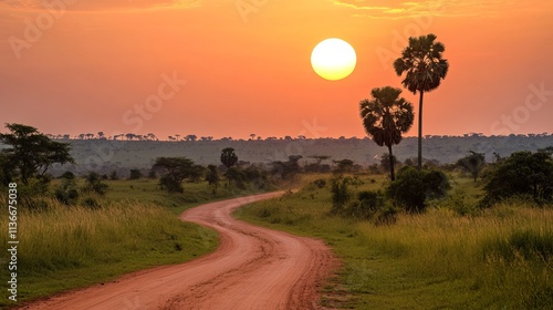 Very typical dirt road for safari in Murchison Falls national park in Uganda at sunset. Horizontal